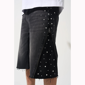 Shorts de Mezclilla Negra Premium con Lavado Vintage, Shorts Personalizados con Pedrería para Hombre, Dobladillo sin Rematar, Cremallera Lateral, Estilo Urbano, Comodidad y Estilo - Product Image 6