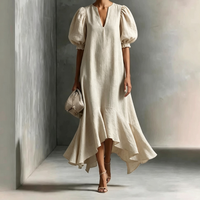 Nouvelle Robe Longue Tissée Respirante 2026 à Col en V, Manches Bouffantes, Taille Empire Amincissante, Couleur Unie et Ourlet Irrégulier – Tendance et Élégante