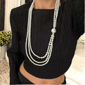 Collar de Cadena Larga Chapado en Oro con Perlas Grandes Multicapa para Mujer, Elegante con Borlas y Cuentas, Joyería para Fiesta y Boda - Product Image 3