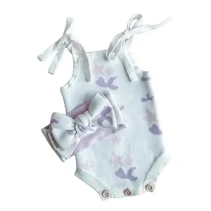淡紫色月亮星星定制提花图案无袖单肩领带针织婴儿紧身衣