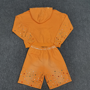 Tùy Chỉnh Nặng Trọng Lượng Bông Pháp Terry Cổ Điển Đầy Màu Sắc Rhinestone Cắt Boxy Zip Lên Áo Và Mồ Hôi Quần Short Set Cho Nam Giới - Product Image 2