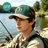 Casquette Trucker en Maille Personnalisable avec Logo, Trois Tons (Vert Teal, Marron, Beige), Patch de Pêche, Respirante et Tendance