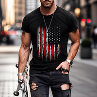 T-shirt en popeline à manches courtes pour homme, motif rétro rayé avec étoiles, impression numérique 3D, 180g, antibactérien, coupe ample, streetwear décontracté