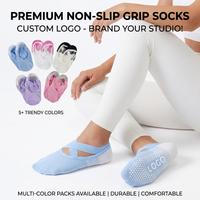 Chaussettes de Pilates antidérapantes avec logo personnalisé, chaussettes de ballet, chaussettes de yoga pour femmes, sangles élastiques antidérapantes, chaussettes de studio, faible MOQ, livraison directe