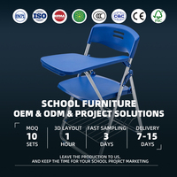 Chaise pliante de salle de conférence pour étudiants, avec siège en plastique moulé bleu, tablette, accoudoir et panier à livres en fil métallique