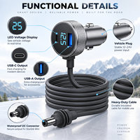 Pengisi Daya Mobil Starlink Mini 3-in-1 10FT 12V-24V Adaptor Pemantik Rokok dengan Layar Digital, USB-C, USB-A & Kabel DC Tahan Air