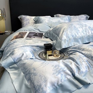 Parure de lit Tencel quatre pièces 1,8 m, housse de couette luxueuse et rafraîchissante avec motif plantes et fleurs, tissu tissé - Product Image 3