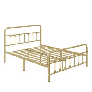 إطار سرير ذهبي معدني بالحجم الكامل مع سطح رأس ولوح سفلي منصة فردية مرتبة قاعدة معدنية مع أنبوب وسرير حديدي مميز