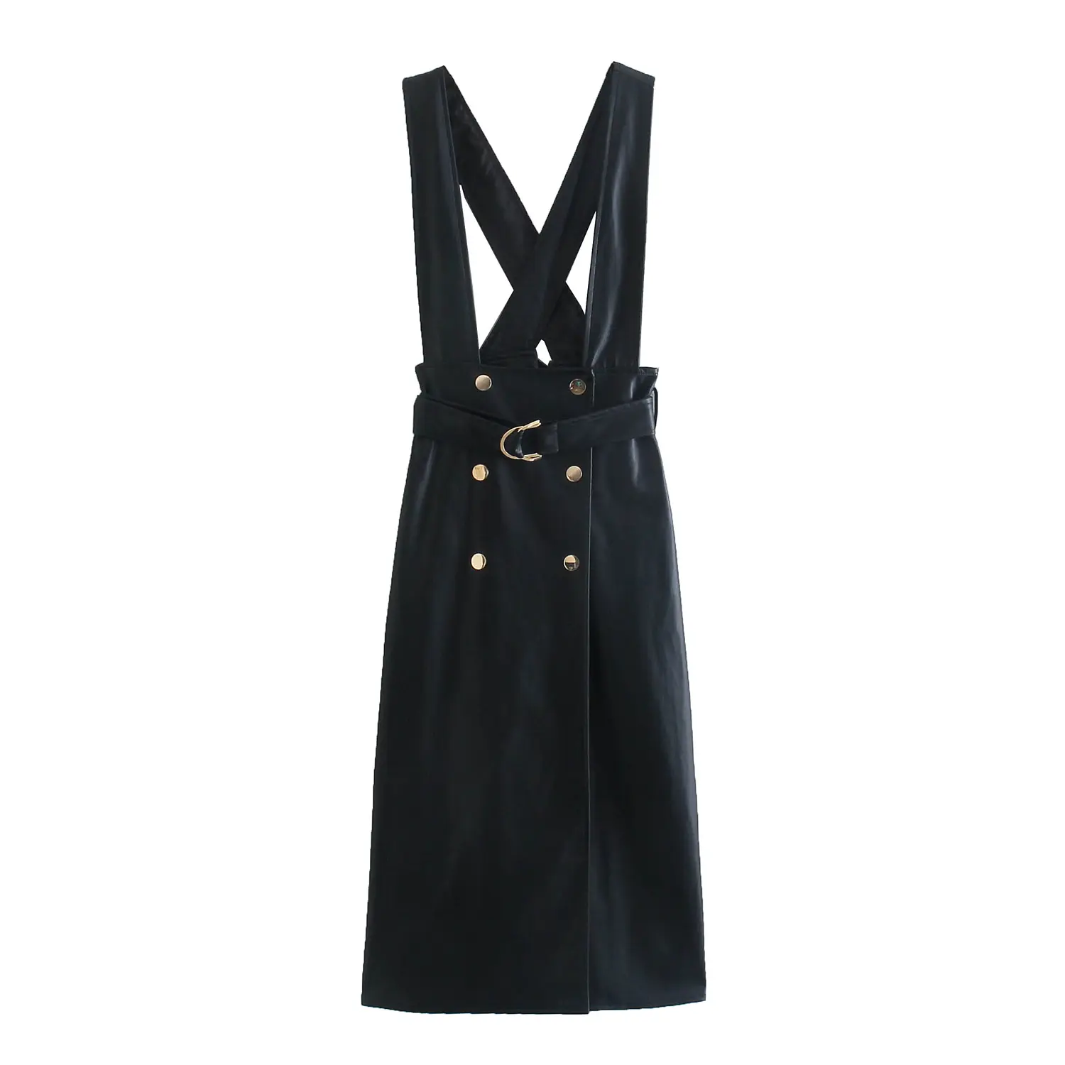 Stylish design black color women fashion suspender long skirt with buttons
