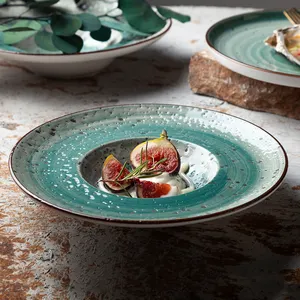 Shengjing Japanese And Korean Unique Creative Ceramic Tableware Green With Dots Dinner Porcelain Wide Rim Deep Dish Soup Plate