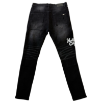 Jean slim déchiré noir pour homme style hip-hop, denim vintage délavé avec broderie lettres métalliques, coupe slim tendance