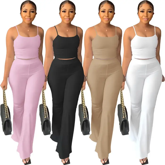 New Arrivals Ladies Costume Camisole Skinny Bell Bottoms Solid Color Slip Tops Sexy Plus Size 2 Piece Pants Set For Ladies