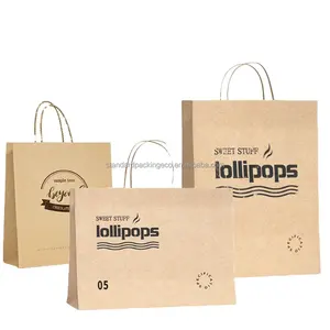 Tas belanja kertas kraft hadiah cetak logo kustom dengan pegangan tas butik kemasan grosir personalisasi makanan