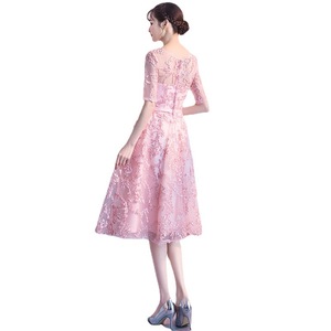 Elegant Pink Lace Bridesmaid Dress Mid Length Sweetheart Neckline Polyester Fiber Candy Color Engagement Dress - Product Image 5