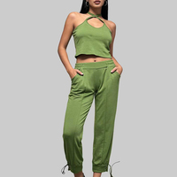 Nouvel ensemble décontracté d'été pour femme, style européen et américain, sans col, couleur unie, sans manches, avec ceinture, deux pièces, pantalon long
