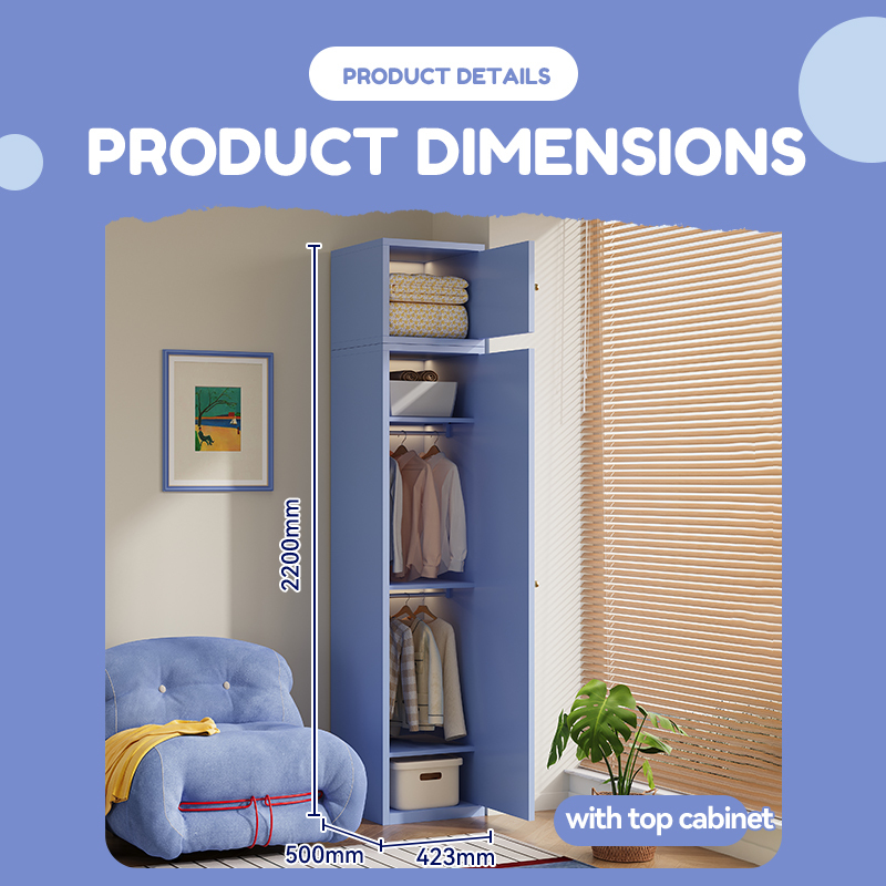 Blue Single Door Wardrobe with Top Cabinet