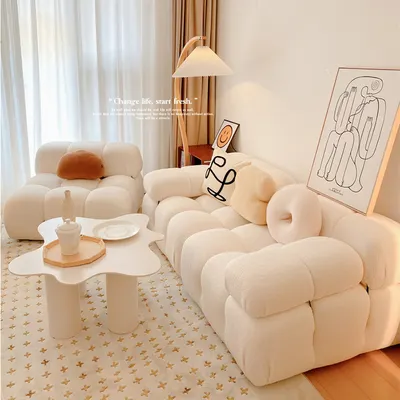 Small family Lamb velvet sofa square module sofa combination cream wind white cashmere living room sofa