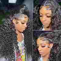 En gros, Perruque Full Lace 360 HD sans colle, transparente, en cheveux humains brésiliens Remy, pré-épilée, avec dentelle française brute, bouclée crépue, noire, longue