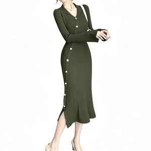 Vestido Largo Elegante de Punto con Cuello en V y Manga Acampanada para Mujer, Ideal para Otoño y Primavera - Product Image 1