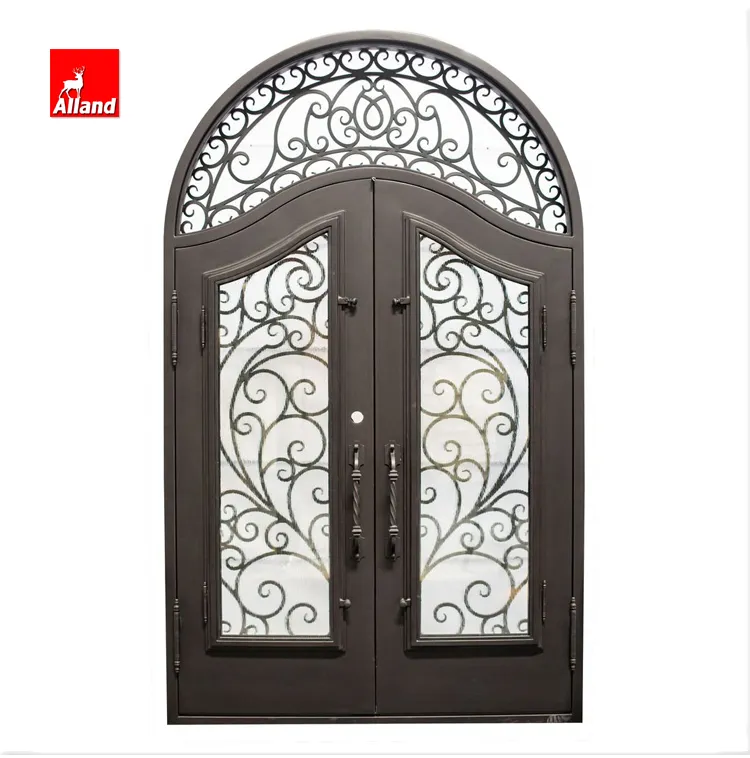 Porta de ferro forjado elegante, preço direto de fábrica, vidro temperado de chuva, porta de ferro forjado com sidelight para residencial, venda imperdível