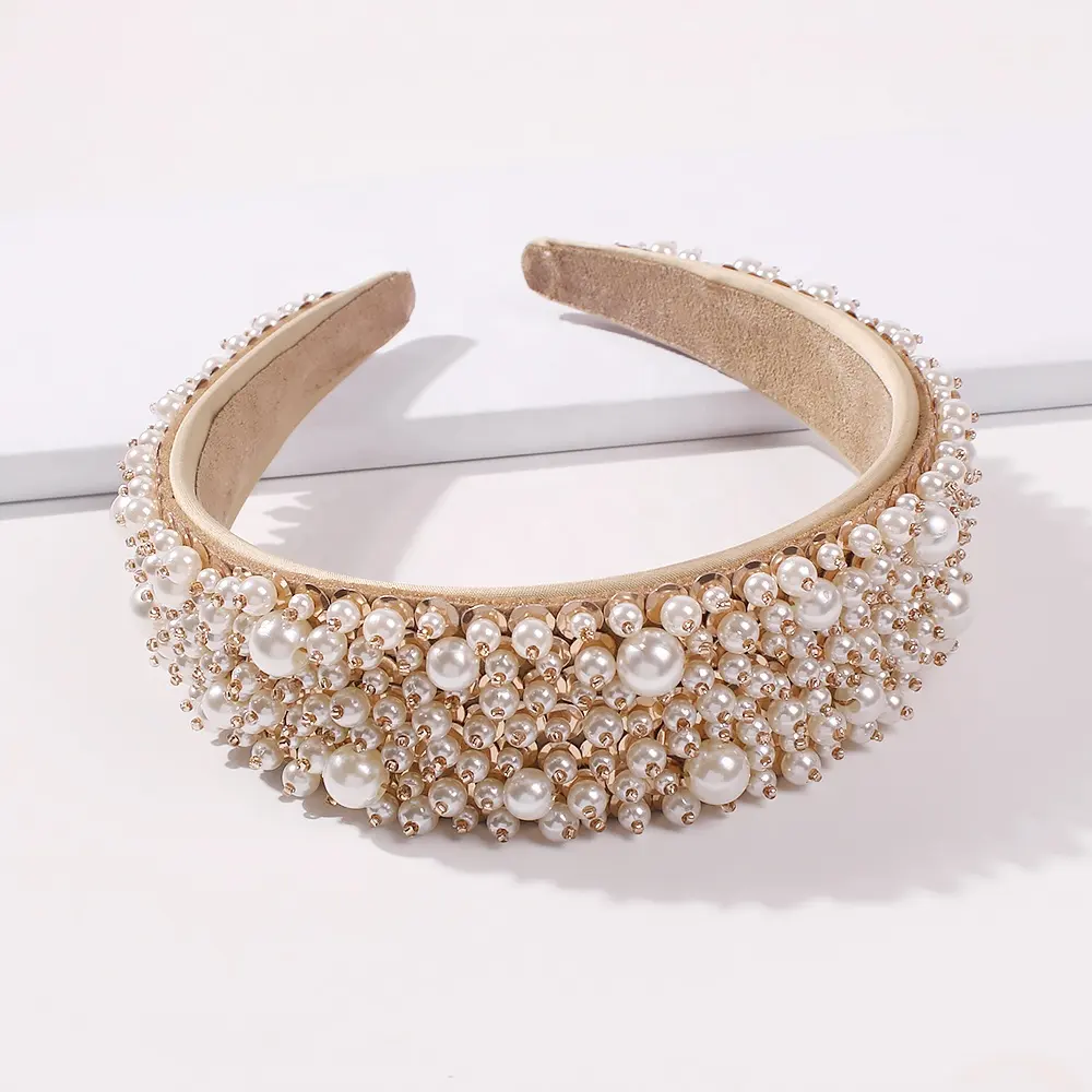 FY Handmade Imitation Pearl Hairband Women Elegant White Full Pearl Beads Headband Bridal Crown Hair Accessories Wedding
