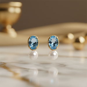 Orecchini a lobo classici placcati oro con topazio blu e perla d'acqua dolce per l'uso quotidiano da donna - Product Image 2