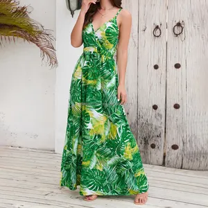 New Fashion Beach Dresses Spandex Polyester Long Maxi Dress V Neck Summer Vacation Dresses For Ladies