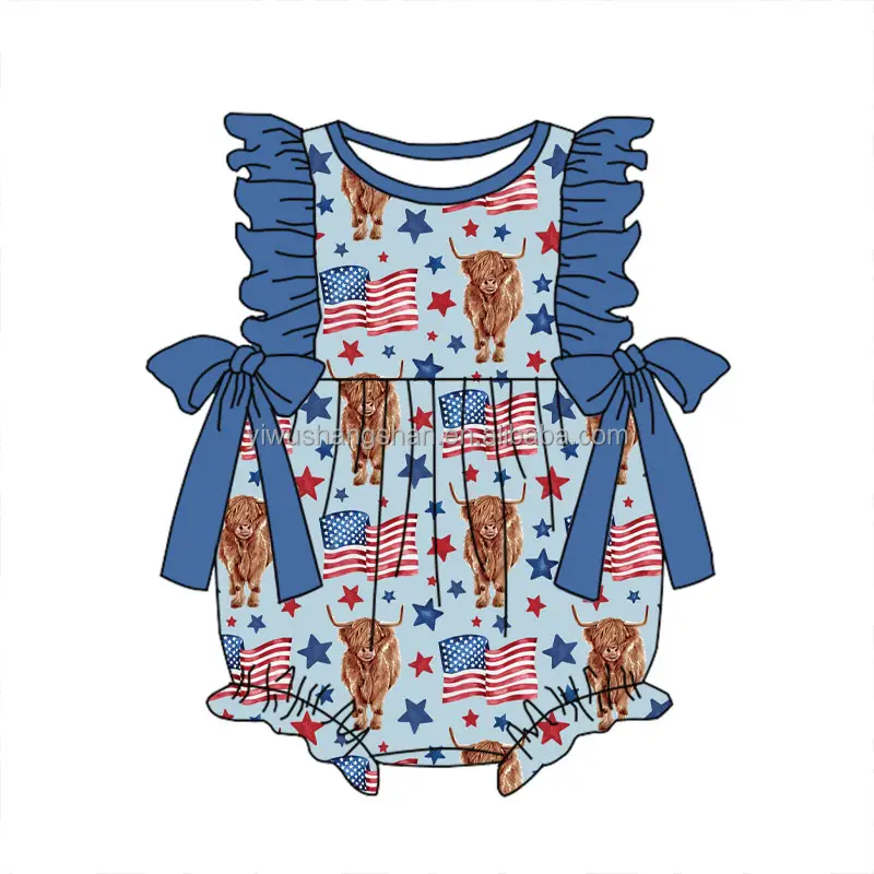 Boetiek Peuter Baby Mouwloze Bubble Rompers 4e Van July Amerikaanse Vlag Custom Western Print Baby Ruche Romper