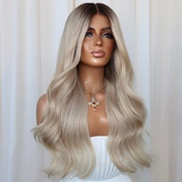 Perruque Lace Wig Blond Cendré Cheveux Humains Remy Longue Ondulée Beige Blonde Raie Centrale Style Doux et Glamour Bonnet Complet