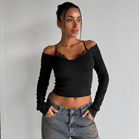 Haut moulant sexy à col en V et épaules dénudées pour femme, avec empiècements en dentelle noire, manches longues, coupe ajustée, décontracté, couche de base