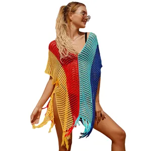 Rainbow Crochet Dress Knit Tassel Beach Cover Up Short Sleeve Tassel Tunic Women Fashion New Swimwear Beachwear