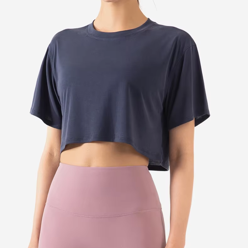 Cross-border Modal Yoga Short-sleeve Womens Loose-fitting Midriff-baring Solid Crop Top Breathable Workout All-matching Top