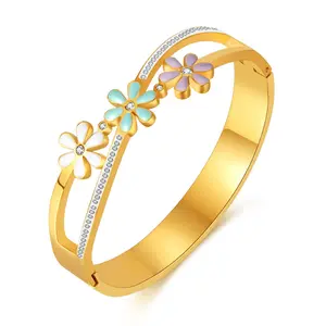 2024 Fashion 18K gold stainless steel daisy flower charm bangles for women jewelry