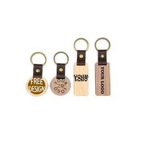 Wholesale Leather Custom Logo Keyring Blank DIY Wooden Key Chain For Gift