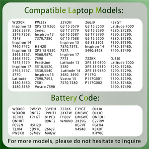 Batterie d'ordinateur portable WDXOR PW23Y DXGH8 H5H20 33YDH 266J9 722KK F3YGT DJ1J0 DJ1JO pour Dell Inspiron 7460 5567 XPS 9360 9380 9560 9300 - Product Image 2
