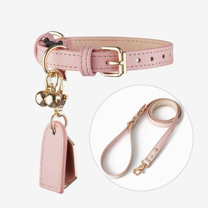 Wholesale Custom Pink Solid Real Genuine Leather Pet Lead and Cat Dog Collar with Tag