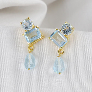 <b>Gold</b> Plated Brass Blue Topaz <b>Dangle</b> <b>Earrings</b>, Office Wear Jewelry Romantic <b>Dangle</b> Jewelry Party Style - Product Image 2
