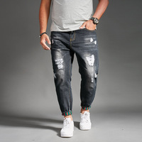 Jeans en denim déchiré à jambes larges, style rétro hip-hop, taille mi-haute, polyester, super baggy, pour hommes