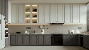 Ensemble de meubles de cuisine entièrement modulaires, fabrication sur mesure en Chine, bois, cuisine moderne, meubles de maison, armoire supérieure blanche, armoire inférieure grise - Product Image 4