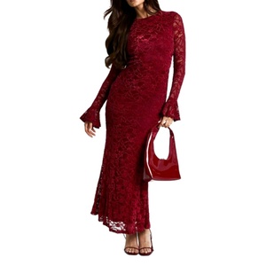 New Design Women's Elegant <b>Red</b> Bodycon Lace Dress Slim Fit <b>Flared</b> Ruffle Cuffs Open Back Casual Party Gown Zippers Natural Waist - Product Image 2