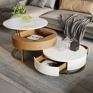 NOVA 2pcs Round Solid Wood Coffee Tables Set Furniture For Living Room Marble Lifting Tabletop Apartment Central Table