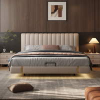 Lit en cuir véritable de luxe, mobilier de chambre à coucher moderne et intelligent avec éclairage d'ambiance LED, lit flottant capitonné taille King