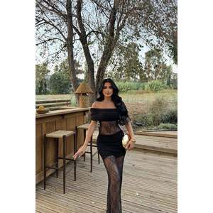 Robe longue de soirée trapèze avec détails en dentelle et sequins, en polyester crocheté, taille empire, col cœur, style vintage, taille XL, noire - Product Image 3
