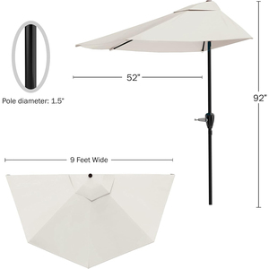 Parasol demi-rond moderne de <span class=keywords><strong>9</strong></span> pieds à manivelle blanche Parasol de jardin à 5 nervures en acier pour cour extérieure, salle à manger extérieure, hôtel - Product Image 3