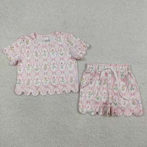 Conjunto de Ropa para Niñas Pequeñas al por Mayor, Blusa con Lazo Floral Azul y Mangas con Volantes, con Pantalones Cortos a Juego, Ropa Casual de Verano para Niños - Product Image 4
