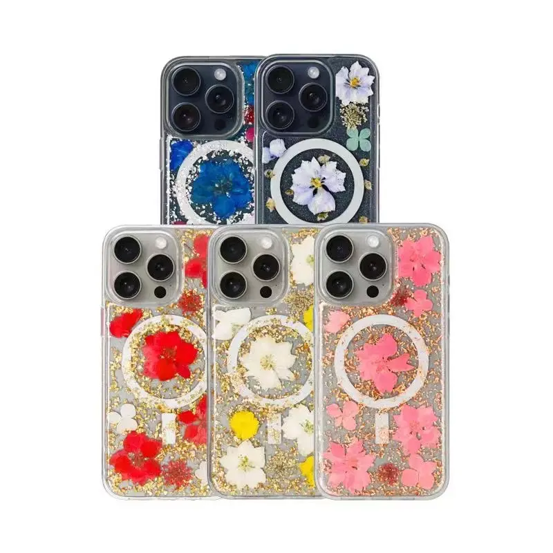 Para iPhone 15 pro Max Real flor magnética Epoxy Case IP 15 plus Elegante funda de teléfono para mujer KZDOO Mag Flowers case