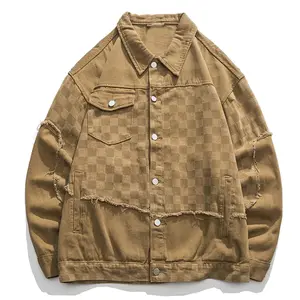 Street Style Vintage Raw Edge Denim Jacket Checkerboard Panel Autumn Warm Coat For Men