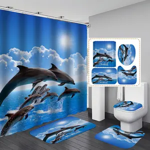 Conjuntos de 4 peças de cortinas para banheiro com impressão digital impermeável e à prova de mofo cortina de chuveiro personalizada padrão tubarão