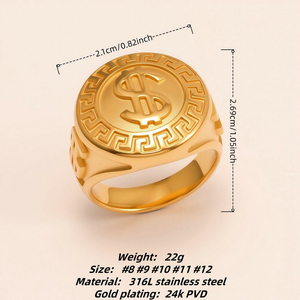 Anillo de Acero Inoxidable 316 con Diseño de Signo de Dólar Punk y Baño de Oro, Proceso de Fundición Cerrada, Listo para Fiestas, Anillo para Hombre - Product Image 1