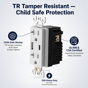 Enchufe de Pared Doble USB BAREP de 30W con Certificación CETLus, 15A 125V con PD3.0 Tipo-C y QC3.0 TR para Uso Residencial y Comercial - Product Image 2